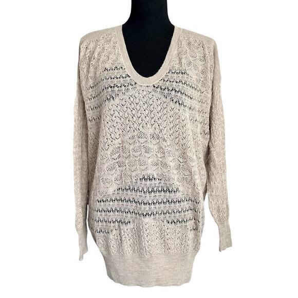Rebecca Taylor Women’s size LARGE Sweater Open Knit V-Neck Tan Wool Alpaca - Picture 1 of 6